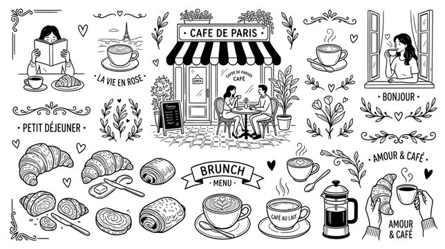 Parisian Cafe Scene and Breakfast Pastries Sketch - Vector Illustration