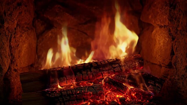 Fireplace fire burning wood log ember flame hearth stone rustic warm glow heat cozy indoor winter home comfort orange light smoke fuel