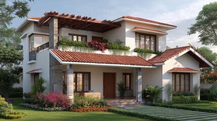 Fototapeta premium Elegant modern house design with landscaped garden, red tile roof, and stylish architecture in a serene outdoor setting with sunlight and greenery