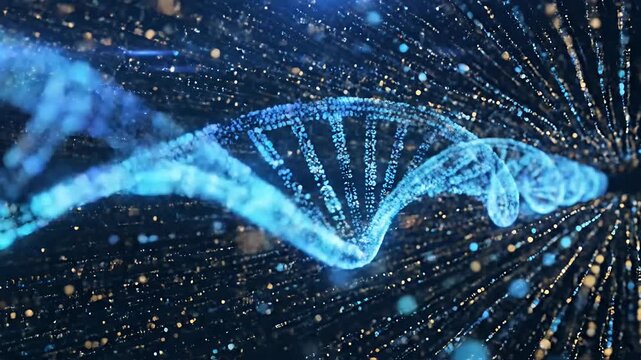 Digital DNA helix with glowing light particles.
