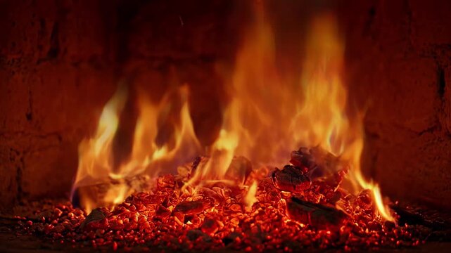 Fireplace fire burning embers flame heat glow warm brick hearth with ember and orange smoke ash, fireplace burning fire glow with ember and flame inside hearth, fireplace fire burning embers flames