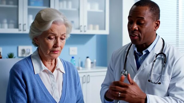 Patient listening eye level while doctor discusses obesity risks, supporting weight management counseling, metabolic screening, preventive care, nutrition planning, and clinic consultation media.