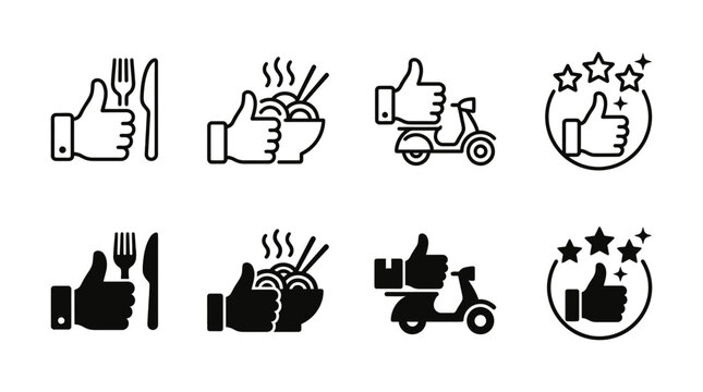 Set of food service and delivery thumb up icons with delivery restaurant motorcycle feedback customer shipping