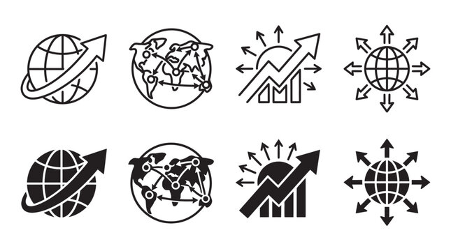 Global business growth and expansion icons set showing world networks and rising charts in linear style with business
