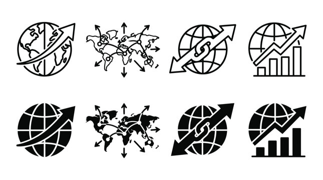 International business strategy and global networking icon set showing charts connections and arrows with business