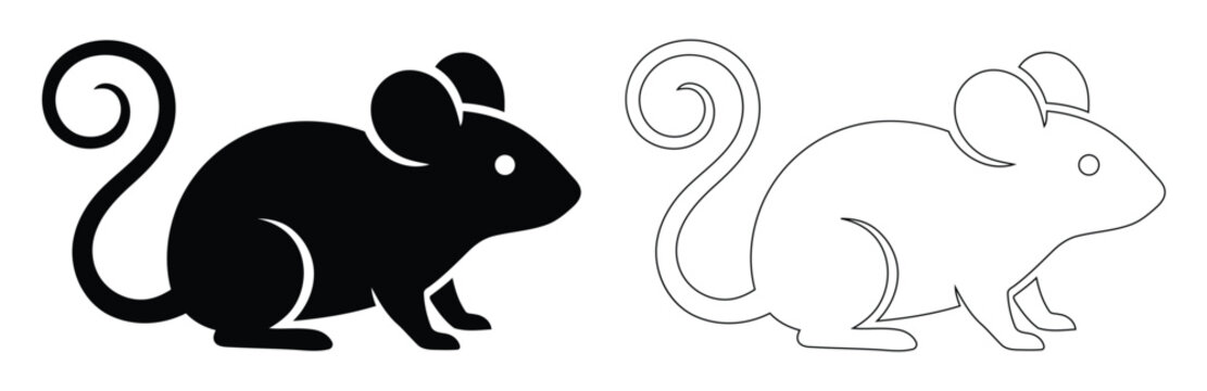 Little Mouse Silhouette and Outline Vector Graphic, Small Rat Character Illustration, Curly Tail Field Mouse Rodent Art