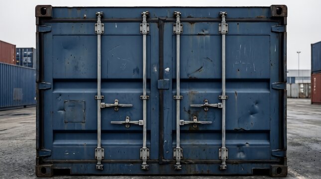 Blue steel cargo shipping container doors with heavy locking mechanisms in an industrial transport terminal yard