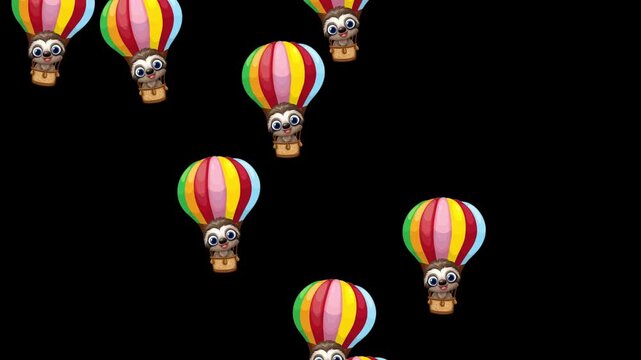 Cartoon Sloths Floating in Colorful Hot Air Balloons on Black Background