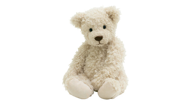 Fluffy cream teddy bear with brown eyes and nose, isolated on transparent background