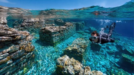 Diver explores underwater ruins in clear water near coast on a sunny day