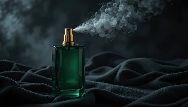 Dark emerald green perfume spray bottle mockup with golden atomizer releasing visible spray stream, isolated on black velvet inspired background, no branding, luxury fragrance campaign aesthetic, dram