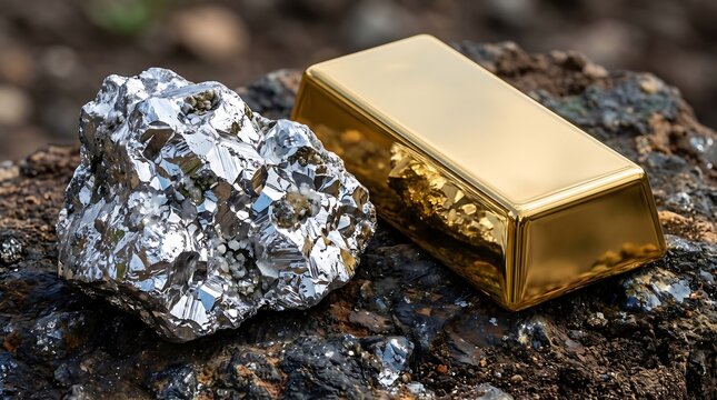 Shiny Gold Ingot and Precious Silver Ore Nugget Placed on Rough Natural Stone