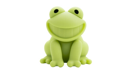 Obraz premium Cute green cartoon frog toy with big smile, isolated on transparent background
