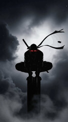 ninja, silhouette, pole, full moon, moon, clouds,Powerful ninja warrior with glowing eyes holding katana sword standing under dark red blood moon background. © UNIT MANAGER STORE