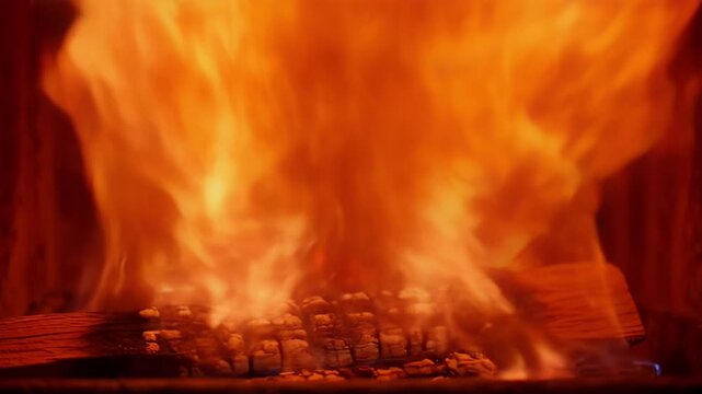 Fireplace fire burning flame log heat ember warm glow indoor scene with orange flames in dark interior, glowing heat, smoke, hearth, and warm atmosphere for SEO search visibility