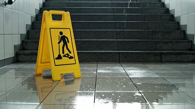 Yellow wet floor sign on stairs in hallway.
