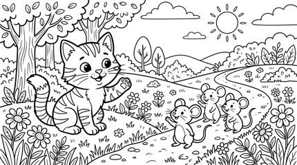 Fototapeta premium Cute Cat Meeting Friendly Mice in Sunny Forest Coloring Page for Kids Educational Activity Sheet for Preschoolers and Kindergarten