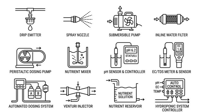 Hydroponic System Equipment Icons Set Including Pumps Sensors Dosing Systems and Nutrient Reservoirs for Modern Indoor Gardening
