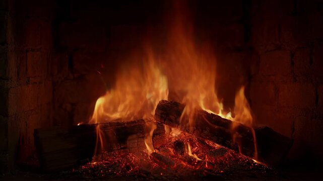 Cozy fireplace fire burning logs in dark warm room with bright flame, glowing ember, smoke, heat, warm glow, brick hearth, orange flame, ember light