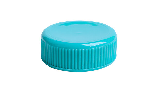 Turquoise plastic bottle cap with ribbed texture, isolated on transparent background
