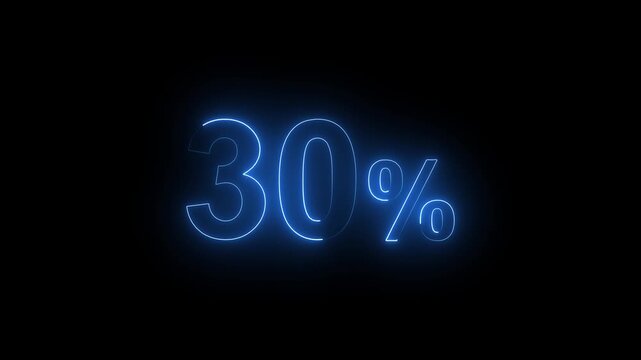 Glowing neon blue 30 percent sign isolated on black background for sale and discount promotion a effect displaying the number thirty against a solid