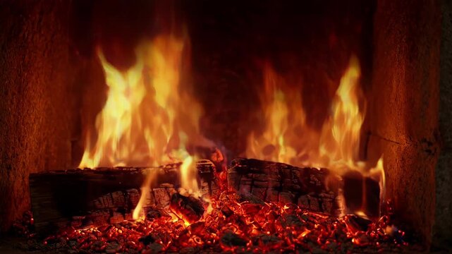 Cozy rustic fireplace fire burning wood flame ember log ash heat glow hearth smoke warm indoor interior scene