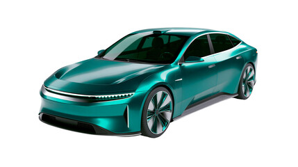 Fototapeta premium Sleek teal electric sedan with futuristic LED headlights, isolated on transparent background