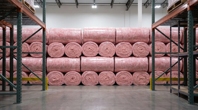 Large rolls of pink fiberglass insulation, with plastic wrapping stacked symmetrically, arranged on warehouse storage shelving, building material supply depot, commercial photography