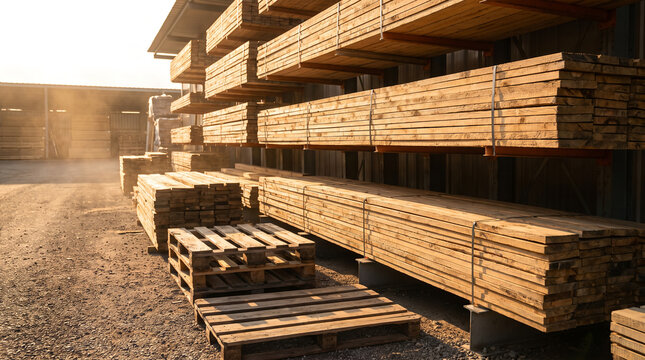Industrial racks of stacked lumber, with clean cut pine planks arranged horizontally, sitting in an outdoor storage yard at golden hour, timber manufacturing facility, industrial photography