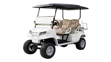 White four-seater golf cart with tan seats and black roof, isolated on transparent background © LUXSTORY