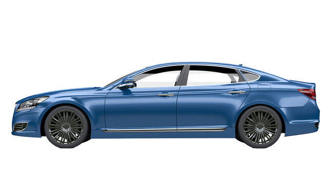 Blue sedan car with chrome accents, isolated on transparent background