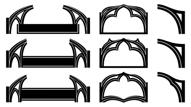 Black and white gothic window frames, wide banners, and corner bracket silhouettes. Vector asset for medieval fantasy stream overlay UI design and HUD