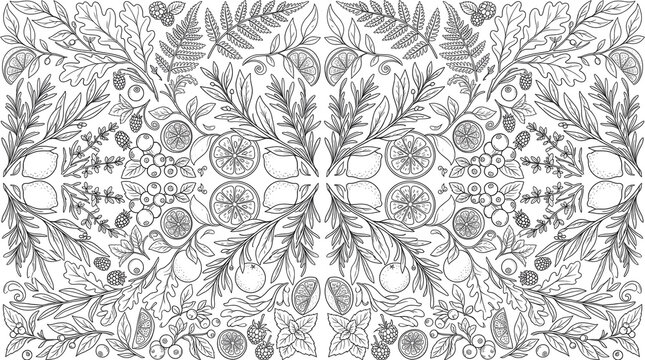 Botanical line art pattern, hand drawn floral background with herbs and citrus, vintage nature sketch wallpaper for packaging