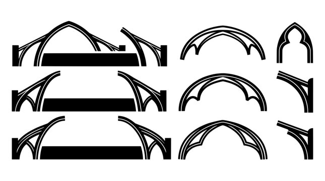 Black and white gothic flying buttresses, pointed arches, and window silhouettes. Vector graphic assets for medieval fantasy stream overlay UI design