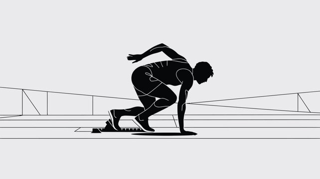 Sprinter crouches in a starting position on a track and waits for the signal to begin a fast race, representing athletic preparation and focused competitive drive.