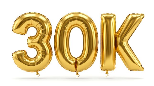 Golden foil balloons spelling 30k celebration