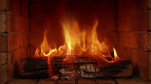 Fireplace fire burning log in brick hearth with bright flame and warm glow, fireplace fire burning brick log flame heat glow smoke ember ash hearth cozy warm interior rustic home winter comfort