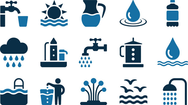 Water symbols depict sustainable usage and natural hydration cycles in this modern flat graphic.