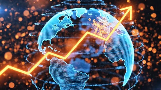 Digital world globe with rising financial growth arrow line.