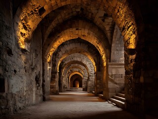 Fototapeta premium Ancient stone arches illuminated by warm light in a long, dark corridor.