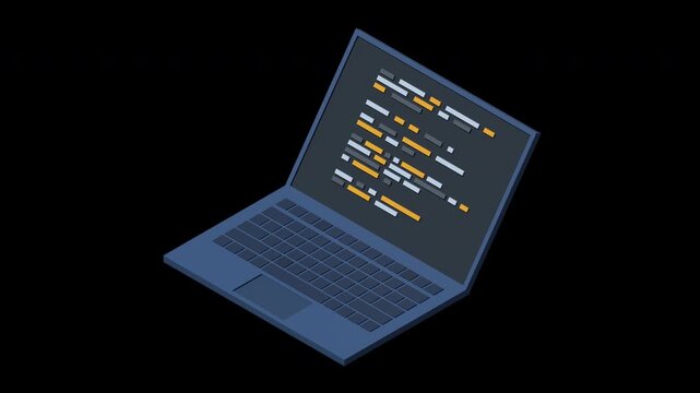 3D isometric laptop animation. Programming on laptop concept with program code. Program code on a laptop screen. Isometric technology. Transparent background with alpha channel
