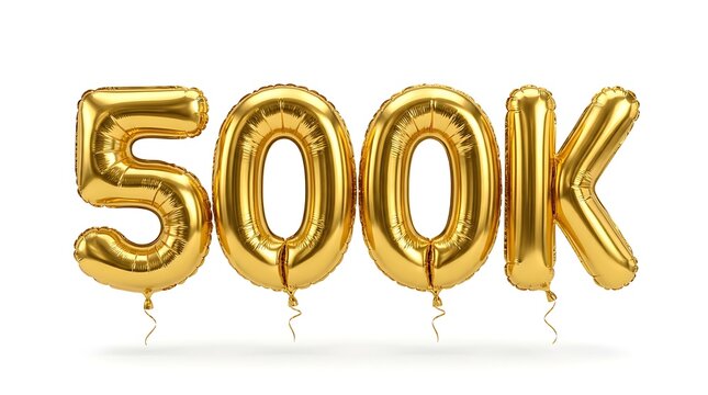 Golden foil balloons spelling 500k celebration