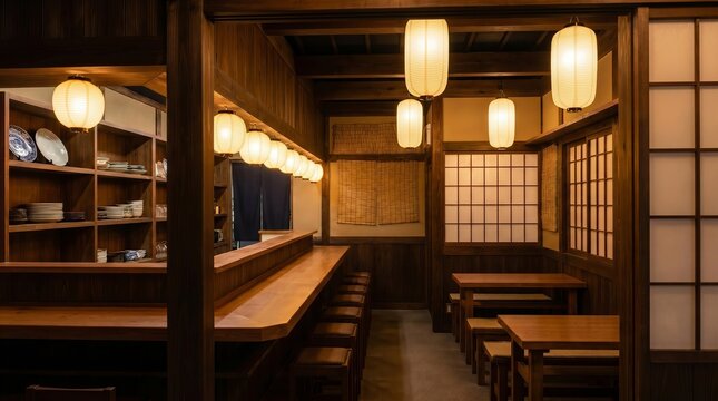 Traditional Japanese izakaya interior featuring warm wooden d&eacute;cor, paper lanterns, cozy counter seating, small shared tables, authentic dining atmosphere