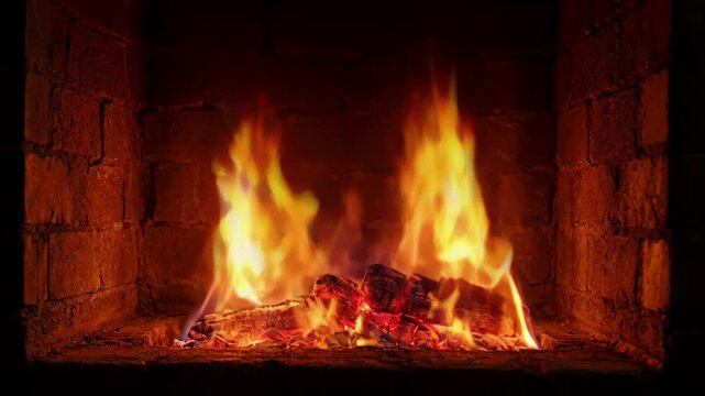Fireplace fire burning with bright flame, glowing wood, ember, smoke, heat, and brick hearth creating warm cozy interior light and comfort