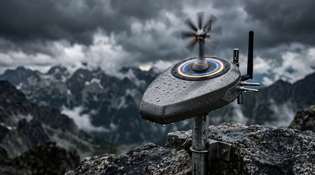 Smart weather station device measuring wind and rain on mountain peak during storm