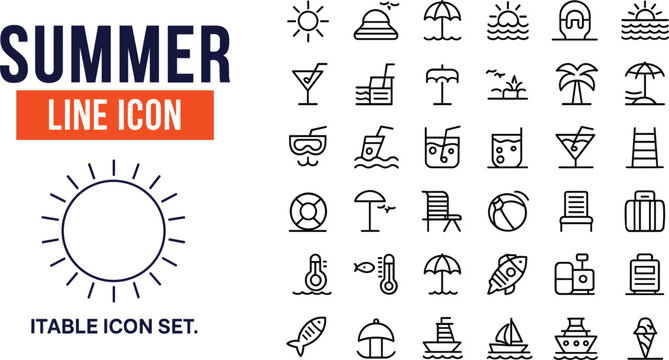 Summer beach vacation outline icon set with sun cocktail umbrella palm tree luggage boat and fish symbols