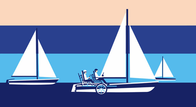 Minimalist sailboat illustration with deck chair on the beach at sea