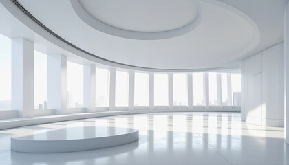 Fototapeta premium Modern minimalist white interior with large panoramic windows and circular podium