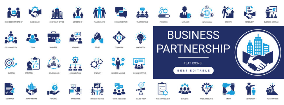 Business partnership solid icon set featuring handshake, agreement, collaboration, trust, business deals, communication, and contracts. Editable vector illustration collection.