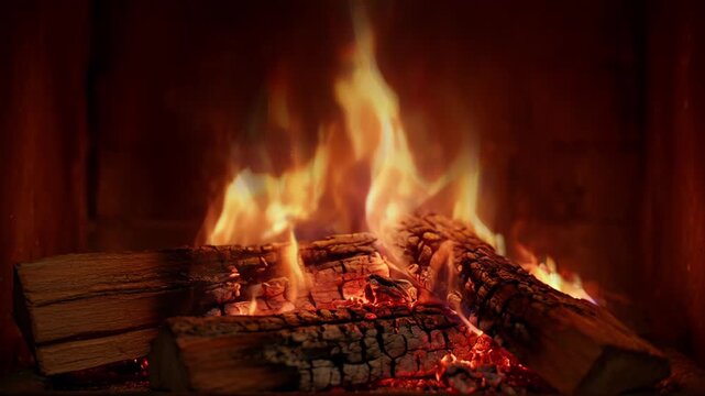 Cozy indoor fireplace fire burning logs, flame, heat, ember, ash, wood smoke glow for winter warmth and hearth ambiance, with warm firelight and burning log scene